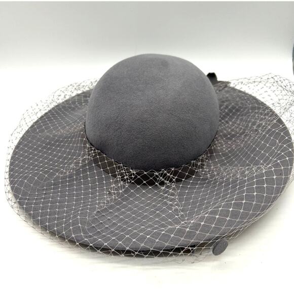 Mr K Originals Vintage Wool Wide Brim Hat S Netted Veil Bow Gray Bollman 21.25\
